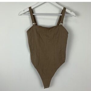 NWT H&M Tank Bodysuit Square Neck Snap Closure Seams Taupe Sz XXL